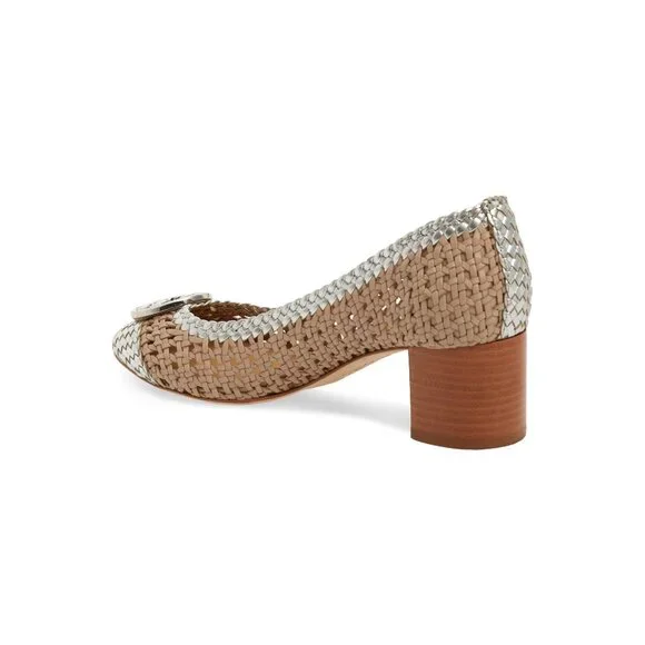 🆕TORY BURCH Chelsea Woven Metallic Logo Pump Shoes Block Heel